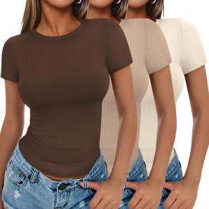 Ekouaer Women Short Sleeve Shirts Lightweight Basic Tops Ribbed Knit Outfit Tees Crew Neck T-Shirts Work Out Blouse(Brown/Khaki/Beige)
