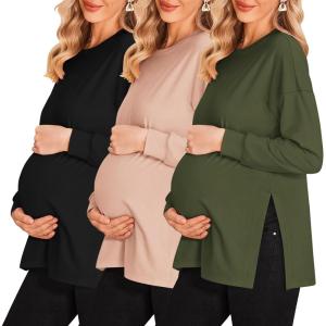 Ekouaer Womens 3 Packs Maternity Shirts Long Sleeve Side Ruched Pregnancy Tee Workout Top Tunic Blouse Mama Clothes(3pcs- Black + Army Green + Dirty Pink)