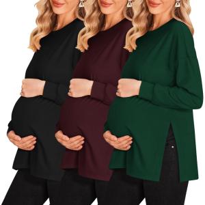 Ekouaer Womens 3 Packs Maternity Shirts Long Sleeve Side Ruched Pregnancy Tee Workout Top Tunic Blouse Mama Clothes(3pcs- Black + Burgundy Red + Green)