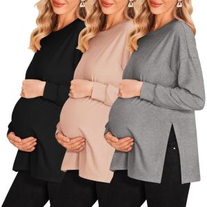 Ekouaer Womens 3 Packs Maternity Shirts Long Sleeve Side Ruched Pregnancy Tee Workout Top Tunic Blouse Mama Clothes(3pcs- Black + Dirty Pink + Grey)