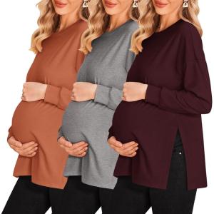 Ekouaer Womens 3 Packs Maternity Shirts Long Sleeve Side Ruched Pregnancy Tee Workout Top Tunic Blouse Mama Clothes(3pcs- Burgundy Red + Caramel + Dark Grey)