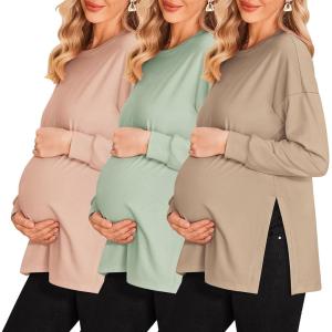 Ekouaer Womens 3 Packs Maternity Shirts Long Sleeve Side Ruched Pregnancy Tee Workout Top Tunic Blouse Mama Clothes(3pcs- Dirty Pink + Khaki + Mintgreen)