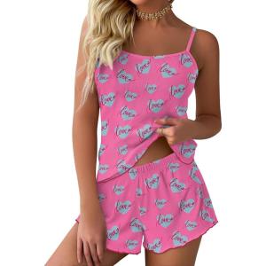 Ekouaer Womens Cami Pajama Sets 2 Piece Ribbed Knit PJs Soft Lingerie Sleeveless Tank Top and Shorts Camisole Lounge Set(Blue Heart)