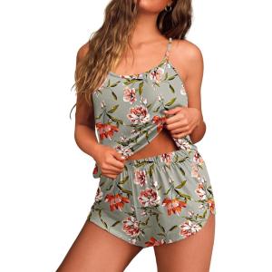 Ekouaer Womens Cami Pajama Sets Soft Shorts Lingerie Set Camisole 2 Piece Cami Shorts Pj Nightwear(Grey Floral)