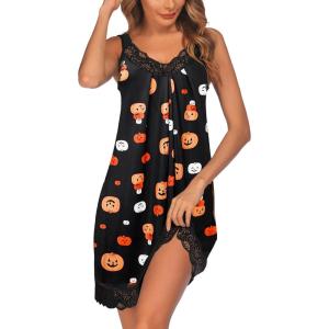 Ekouaer Women’s Nightgown V-neck Chemise Sleepwear Lace Nightwear Soft Lingerie for Women(Black Pumpkin)
