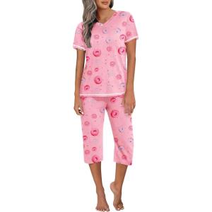 Ekouaer Women’s Pajama Set 2 Piece Short Sleeve Capri Pj Sets V Neck Loungewear Sleepwear with Pockets S-3XL(Donut)