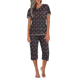 Ekouaer Women’s Pajama Set 2 Piece Short Sleeve Capri Pj Sets V Neck Loungewear Sleepwear with Pockets S-3XL(Flamingo)