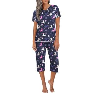 Ekouaer Women’s Pajama Set 2 Piece Short Sleeve Capri Pj Sets V Neck Loungewear Sleepwear with Pockets S-3XL(Flowers Rainbow)
