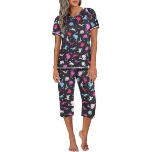 Ekouaer Women’s Pajama Set 2 Piece Short Sleeve Capri Pj Sets V Neck Loungewear Sleepwear with Pockets S-3XL(Little Animal)
