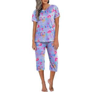 Ekouaer Women’s Pajama Set 2 Piece Short Sleeve Capri Pj Sets V Neck Loungewear Sleepwear with Pockets S-3XL(Mermaid)
