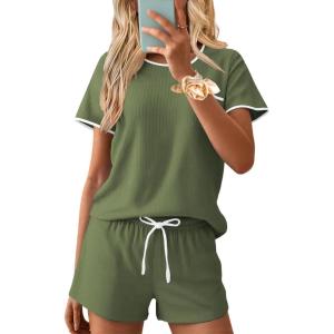 Ekouaer Womens Pajama Set Ribbed Knit Soft Shorts Pjs Summer Sleepwear Two Piece Casual Lounge Sets with Drawstring & Pockets(Army Green)