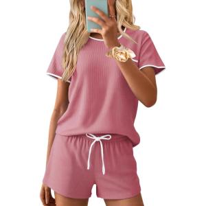 Ekouaer Womens Pajama Set Ribbed Knit Soft Shorts Pjs Summer Sleepwear Two Piece Casual Lounge Sets with Drawstring & Pockets(Dark Pink)