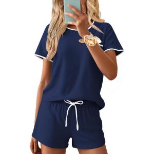 Ekouaer Womens Pajama Set Ribbed Knit Soft Shorts Pjs Summer Sleepwear Two Piece Casual Lounge Sets with Drawstring & Pockets(Navy Blue)