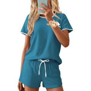 Ekouaer Womens Pajama Set Ribbed Knit Soft Shorts Pjs Summer Sleepwear Two Piece Casual Lounge Sets with Drawstring & Pockets(Slate Teal)