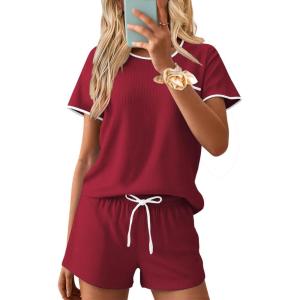 Ekouaer Womens Pajama Set Ribbed Knit Soft Shorts Pjs Summer Sleepwear Two Piece Casual Lounge Sets with Drawstring & Pockets(Wine Red)