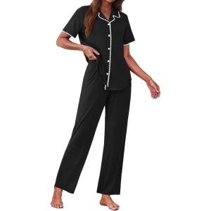 Ekouaer Women’s Pajama Sets Button Down Loungewear Short Sleeve Sleepwear 2 Piece Pants Pjs Set with Pockets S-XXL(Black)
