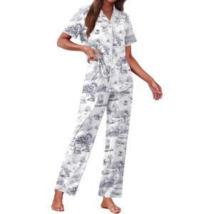 Ekouaer Women’s Pajama Sets Button Down Loungewear Short Sleeve Sleepwear 2 Piece Pants Pjs Set with Pockets S-XXL(Black Rabbit)