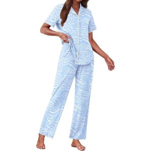 Ekouaer Women’s Pajama Sets Button Down Loungewear Short Sleeve Sleepwear 2 Piece Pants Pjs Set with Pockets S-XXL(Blue Curve)