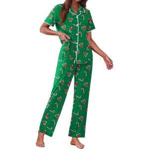Ekouaer Women’s Pajama Sets Button Down Loungewear Short Sleeve Sleepwear 2 Piece Pants Pjs Set with Pockets S-XXL(Christmas Green Candy Canes)
