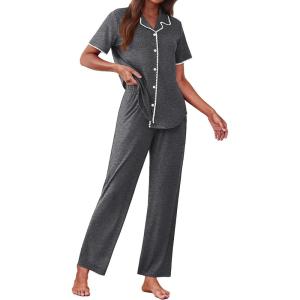 Ekouaer Women’s Pajama Sets Button Down Loungewear Short Sleeve Sleepwear 2 Piece Pants Pjs Set with Pockets S-XXL(Dark Gray)