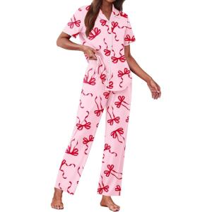 Ekouaer Women’s Pajama Sets Button Down Loungewear Short Sleeve Sleepwear 2 Piece Pants Pjs Set with Pockets S-XXL(Pink Bow)
