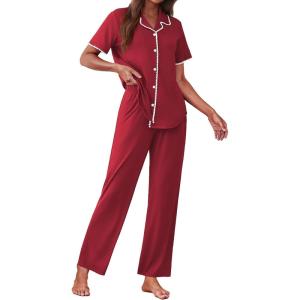 Ekouaer Women’s Pajama Sets Button Down Loungewear Short Sleeve Sleepwear 2 Piece Pants Pjs Set with Pockets S-XXL(Wine Red)
