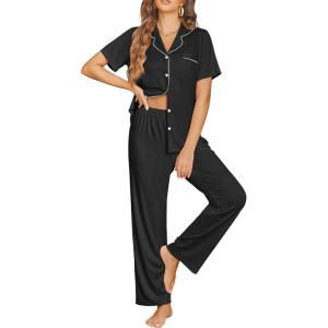 Ekouaer Womens Pajama Sets Button Down Pjs 2 Piece Short Sleeve Sleepwear with Pants Soft Loungewear(Black)