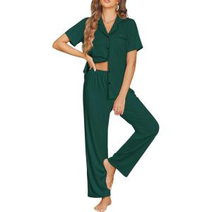 Ekouaer Womens Pajama Sets Button Down Pjs 2 Piece Short Sleeve Sleepwear with Pants Soft Loungewear(Dark Green)
