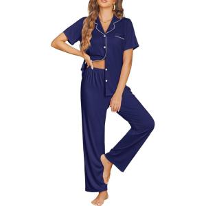 Ekouaer Womens Pajama Sets Button Down Pjs 2 Piece Short Sleeve Sleepwear with Pants Soft Loungewear(Navy Blue)