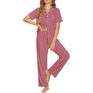 Ekouaer Womens Pajama Sets Button Down Pjs 2 Piece Short Sleeve Sleepwear with Pants Soft Loungewear(Old Rose)