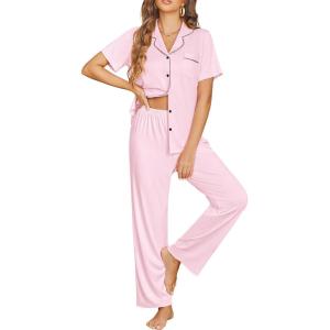 Ekouaer Womens Pajama Sets Button Down Pjs 2 Piece Short Sleeve Sleepwear with Pants Soft Loungewear(Pink)