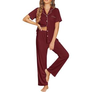 Ekouaer Womens Pajama Sets Button Down Pjs 2 Piece Short Sleeve Sleepwear with Pants Soft Loungewear(Wine Red)