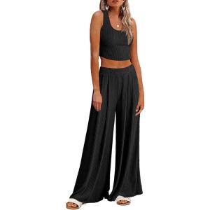 Ekouaer Women’s Pajamas 2 Piece Lounge Set Ribbed Knit Loungewear Sleeveless Tank Top Wide Leg Pants(Black)