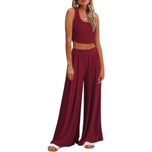 Ekouaer Women’s Pajamas 2 Piece Lounge Set Ribbed Knit Loungewear Sleeveless Tank Top Wide Leg Pants(Burgundy)