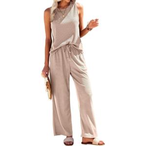 Ekouaer Womens Pajamas 2 Piece Lounge Set Waffle Knit Loungewear Sleeveless Tank Top with Long Pants Outfits S-XXL(Khaki)
