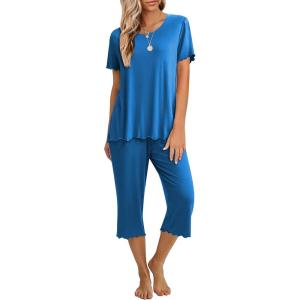 Ekouaer Women’s Pajamas Set Short Sleeve Top With Capri Pants Pjs 2 PIece Lounge & Sleepwear Set S-XXL(Blue)