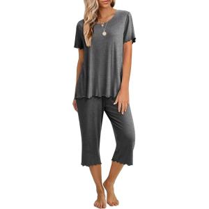 Ekouaer Women’s Pajamas Set Short Sleeve Top With Capri Pants Pjs 2 PIece Lounge & Sleepwear Set S-XXL(Dark Gray)