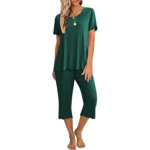 Ekouaer Women’s Pajamas Set Short Sleeve Top With Capri Pants Pjs 2 PIece Lounge & Sleepwear Set S-XXL(Deep Green)