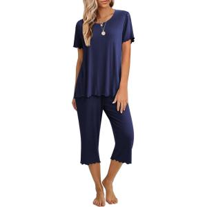 Ekouaer Women’s Pajamas Set Short Sleeve Top With Capri Pants Pjs 2 PIece Lounge & Sleepwear Set S-XXL(Navy Blue)