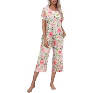 Ekouaer Women’s Pajamas Set Short Sleeve Top With Capri Pants Pjs Lounge & Sleepwear Set S-XXL(01 White/Pink Floral)
