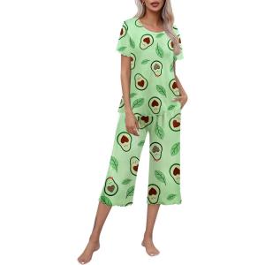 Ekouaer Women’s Pajamas Set Short Sleeve Top With Capri Pants Pjs Lounge & Sleepwear Set S-XXL(Avocado Green/Leaf)