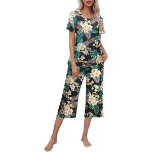 Ekouaer Women’s Pajamas Set Short Sleeve Top With Capri Pants Pjs Lounge & Sleepwear Set S-XXL(Black/White Flower/Green Leaf)