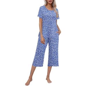 Ekouaer Women’s Pajamas Set Short Sleeve Top With Capri Pants Pjs Lounge & Sleepwear Set S-XXL(Blue/White Pot)