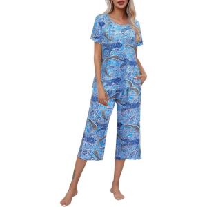 Ekouaer Women’s Pajamas Set Short Sleeve Top With Capri Pants Pjs Lounge & Sleepwear Set S-XXL(Cashew Navy Blue)