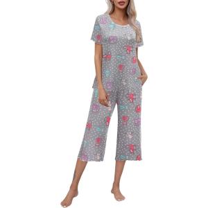 Ekouaer Women’s Pajamas Set Short Sleeve Top With Capri Pants Pjs Lounge & Sleepwear Set S-XXL(Gray/White Pot/Carton Animal)