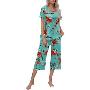 Ekouaer Women’s Pajamas Set Short Sleeve Top With Capri Pants Pjs Lounge & Sleepwear Set S-XXL(Lake Blue/Orange Flower)