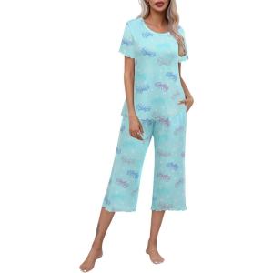 Ekouaer Women’s Pajamas Set Short Sleeve Top With Capri Pants Pjs Lounge & Sleepwear Set S-XXL(Mint Green/Butterfly)