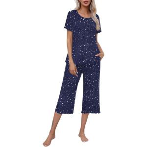 Ekouaer Women’s Pajamas Set Short Sleeve Top With Capri Pants Pjs Lounge & Sleepwear Set S-XXL(Navy/White Star)