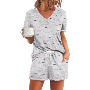 Ekouaer Women’s Pajamas Sets Short Sleeve Lounge Sets Sleepwear Casual Two Piece Pjs With Pockets(Coffee Cup)