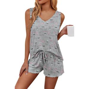 Ekouaer Womens Pajamas Sets Soft Comfy Sleeveless Sleepwear Tank and Shorts Pj Set Summer 2 Piece Loungewear(Coffee Cup)